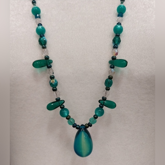 Jewelry - Green Glass Bead Necklace and Earrings Set Sterling Clasp